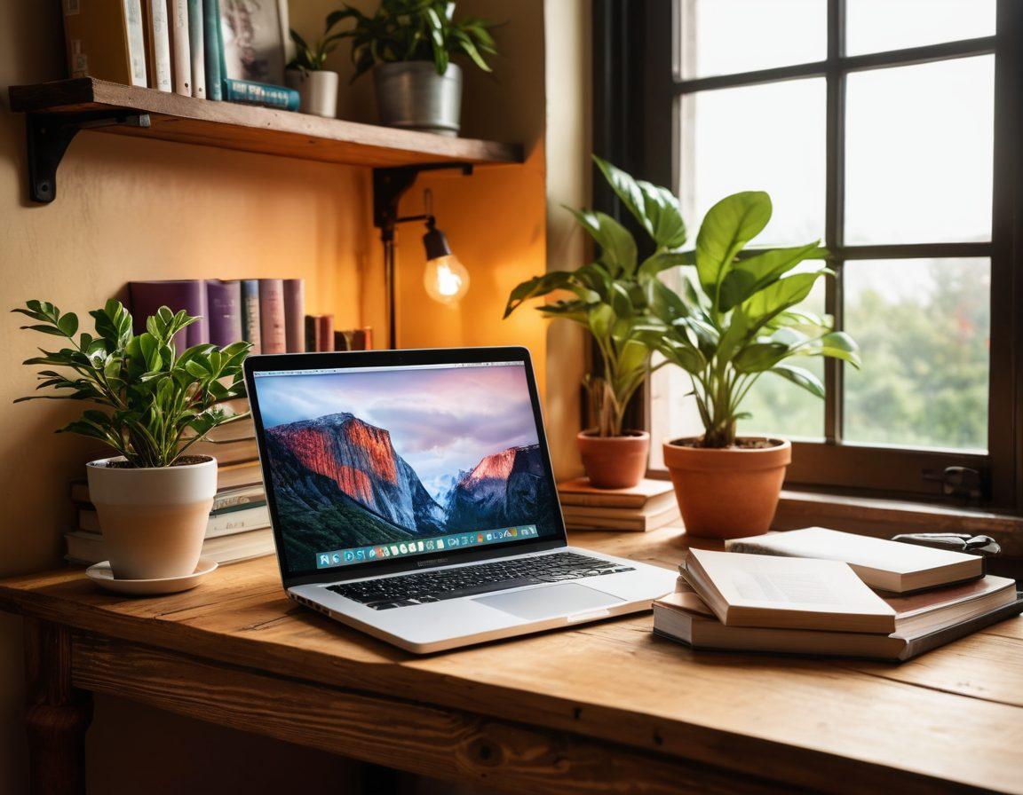 A laptop on a rustic wooden desk, surrounded by stacks of books titled 'Blogging Success', 'Wealth Building', and 'Side Hustles'. A small potted plant adds a touch of greenery, while a coffee cup steams gently beside the laptop. A bright light streaming in from a window symbolizes opportunity and inspiration. The scene evokes a sense of ambition and creativity. super-realistic. vibrant colors. cozy atmosphere.