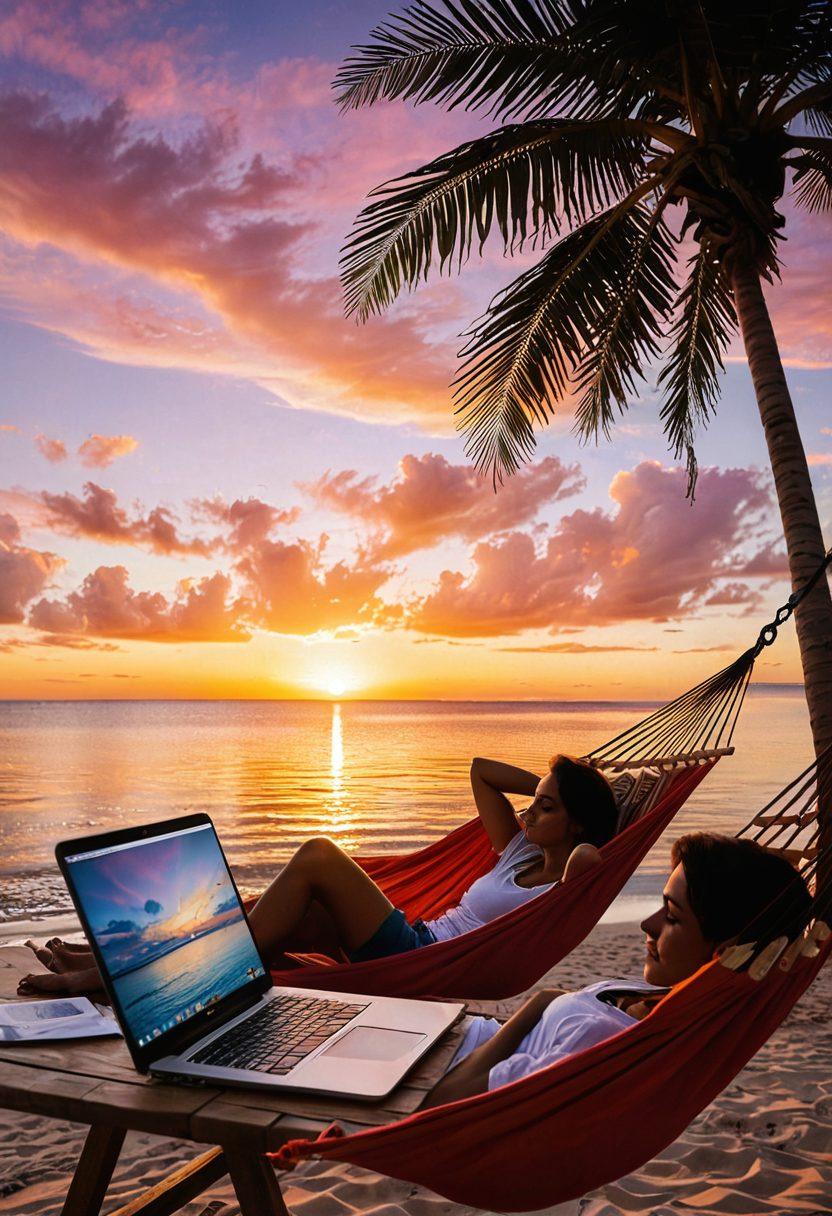 A serene beach scene with a cozy laptop set up on a wooden table, symbolizing blogging for passive income. In the background, a sunset casts a warm glow, while scattered dollar bills float gently in the air, representing financial freedom. Include a person relaxed in a hammock nearby, glancing at the laptop. The overall mood should be tranquil yet inspiring, conveying the essence of freedom and success. vibrant colors. super-realistic.