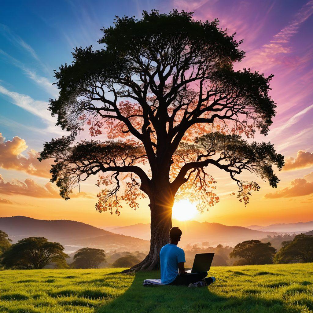 A serene landscape featuring a person sitting under a tree, working on a laptop with a bright sunrise in the background symbolizing new beginnings. Surrounding them are icons of digital income: money, charts, and a globe representing online business. The sky is painted in vibrant colors, reflecting optimism and opportunity. The scene evokes feelings of freedom and limitless possibilities. super-realistic. vibrant colors. peaceful atmosphere.